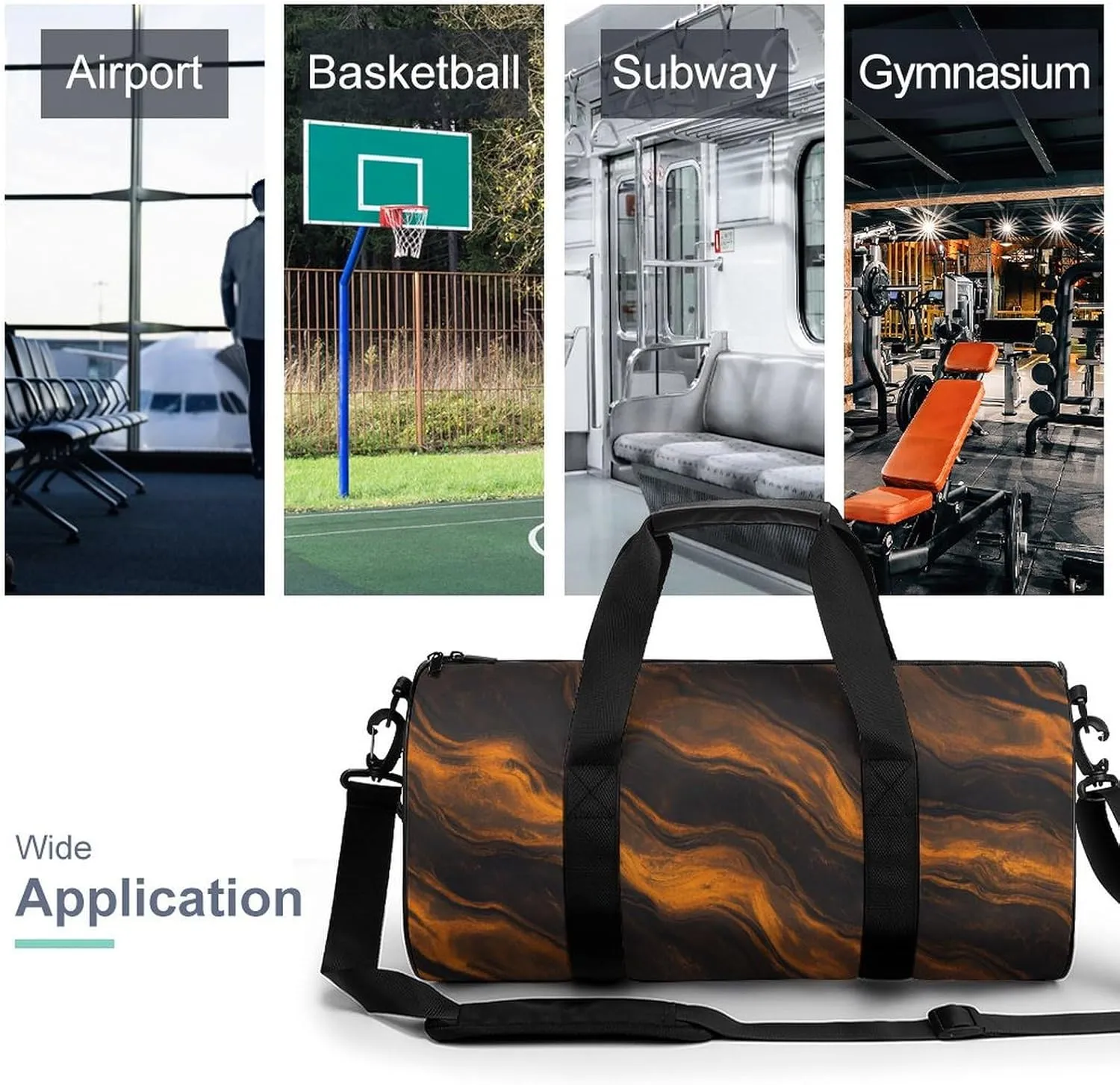 Abstract Orange And Black Fluid Marble Texture Travel Gym Bag for Women Men Cylindrical Duffle Bag Sport Workout Bag with Shoulder Strap