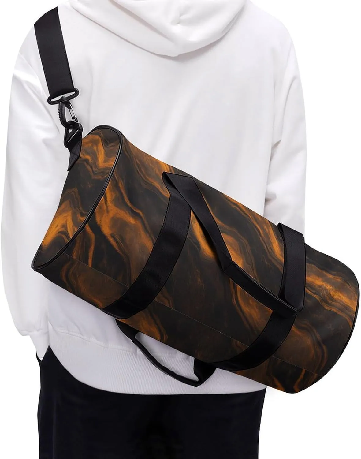 Abstract Orange And Black Fluid Marble Texture Travel Gym Bag for Women Men Cylindrical Duffle Bag Sport Workout Bag with Shoulder Strap