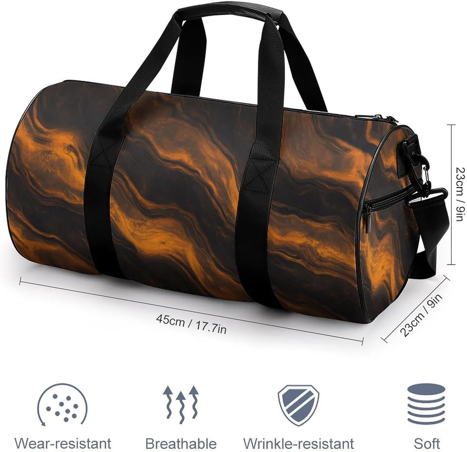 Abstract Orange And Black Fluid Marble Texture Travel Gym Bag for Women Men Cylindrical Duffle Bag Sport Workout Bag with Shoulder Strap
