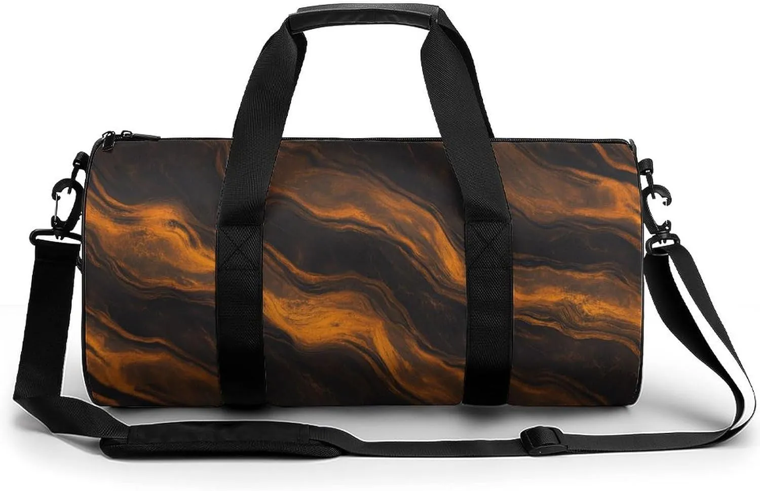 Abstract Orange And Black Fluid Marble Texture Travel Gym Bag for Women Men Cylindrical Duffle Bag Sport Workout Bag with Shoulder Strap