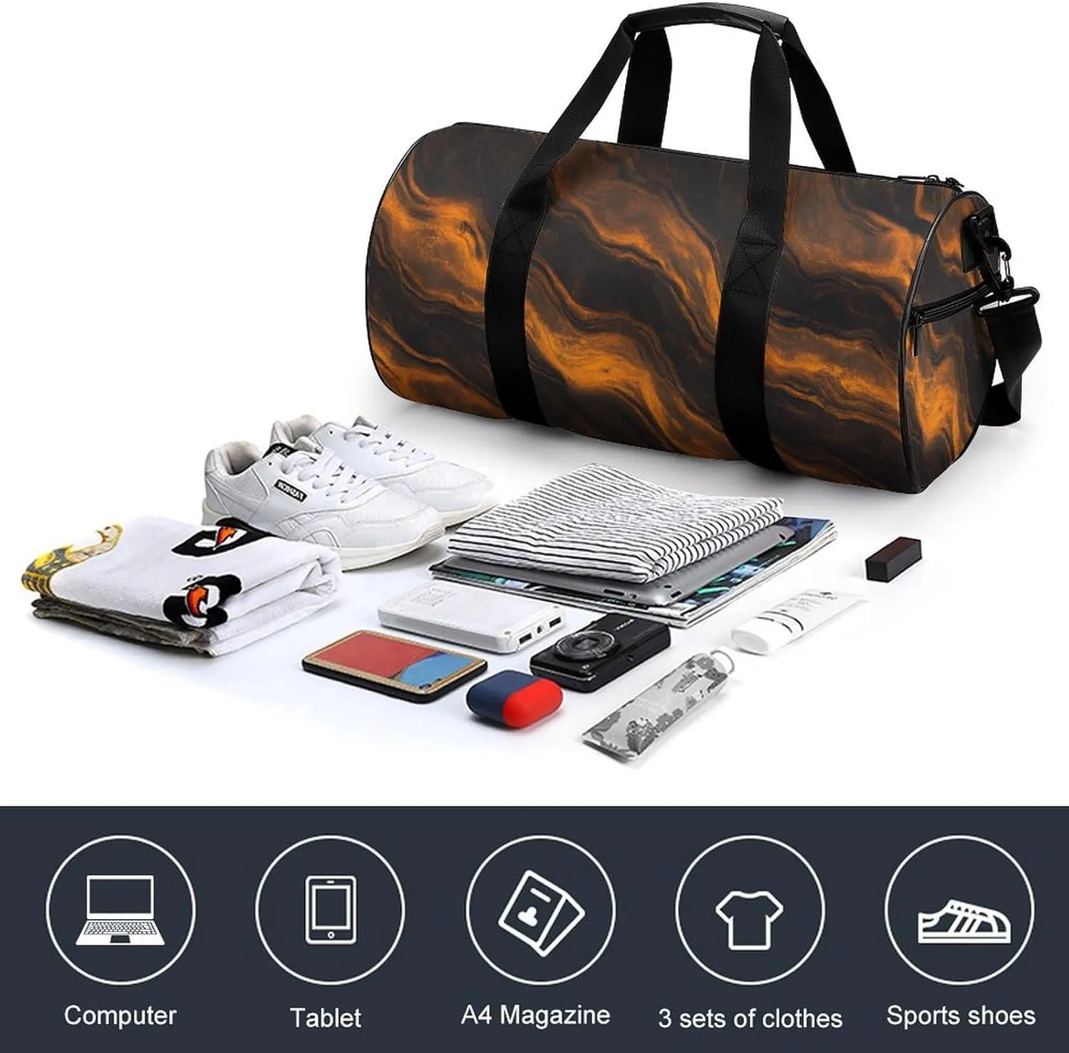 Abstract Orange And Black Fluid Marble Texture Travel Gym Bag for Women Men Cylindrical Duffle Bag Sport Workout Bag with Shoulder Strap