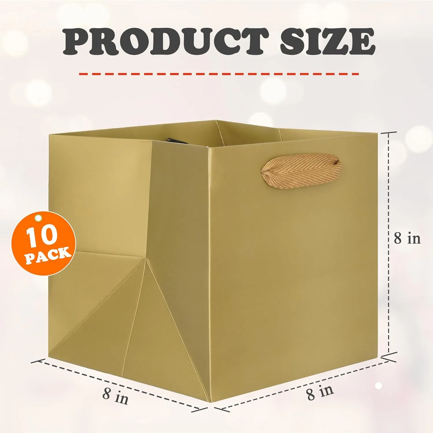 ADIDO EVA Gold Square Gift Bags Small Size Square Bottom Paper Bags with Handles for Party Favor, Shopping Bag (8x8x8 In, 10 CT)
