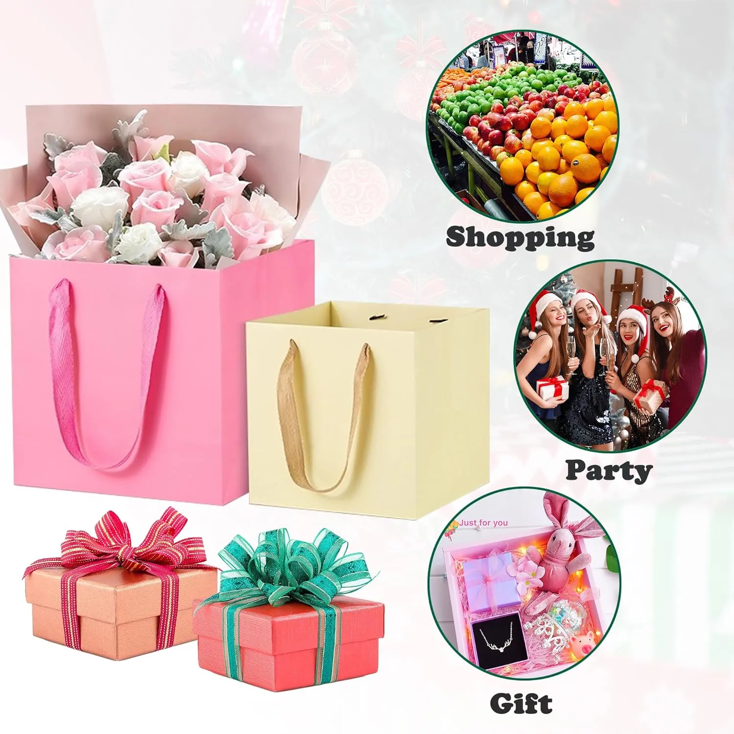 ADIDO EVA Gold Square Gift Bags Small Size Square Bottom Paper Bags with Handles for Party Favor, Shopping Bag (8x8x8 In, 10 CT)