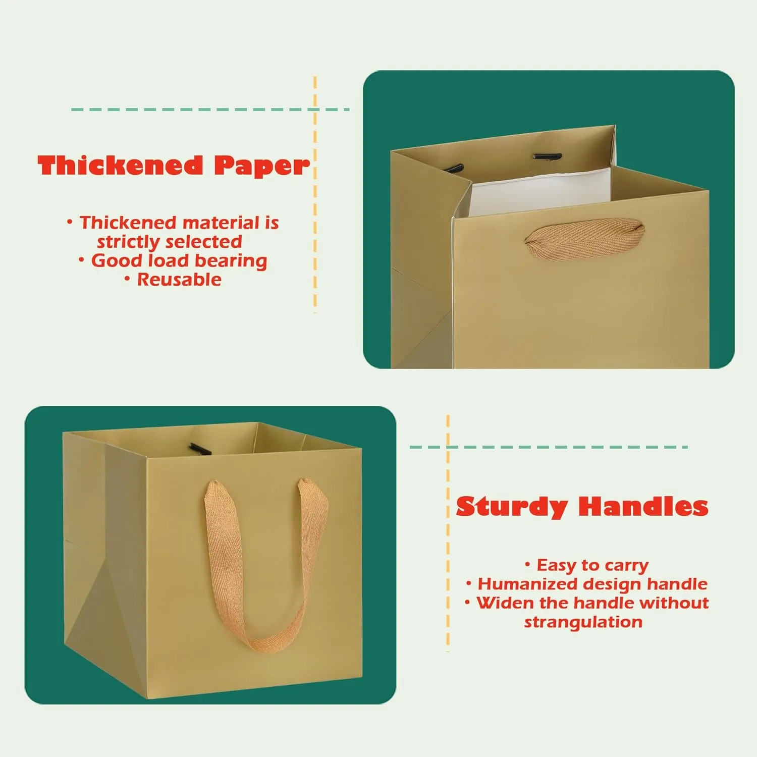 ADIDO EVA Gold Square Gift Bags Small Size Square Bottom Paper Bags with Handles for Party Favor, Shopping Bag (8x8x8 In, 10 CT)