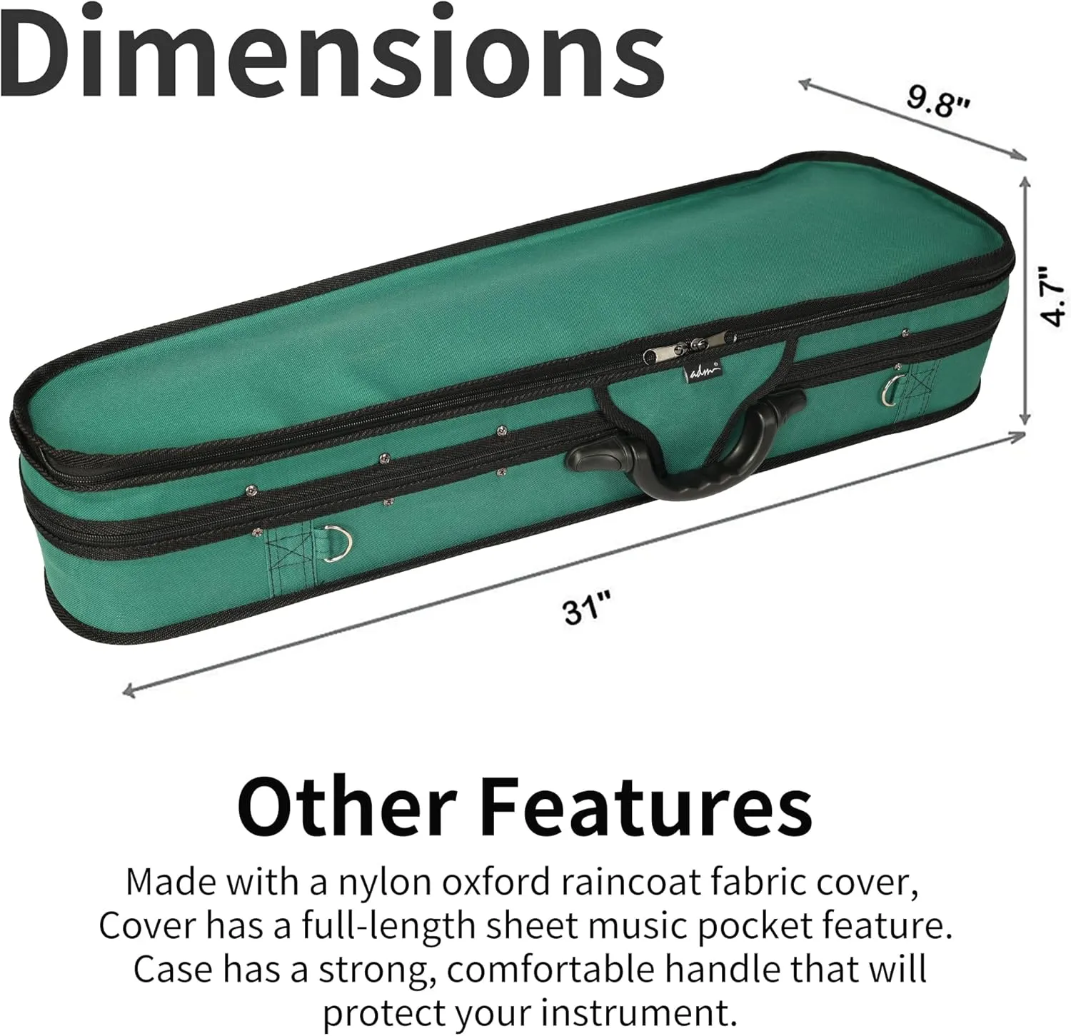 adm 4/4 Full Size Violin Hard Case Basic Professional Triangular Shape Backpack, Super Light Suspension (Dark Green)