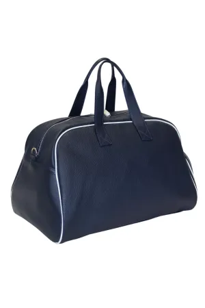 Advanced Leather Sports Duffle Equipment Bag with Shoes Compartment | Handmade to Order in Italy | Soft Pebble-Grain Waterproof Leather | Travel Tennis Baseball Sport Bag Elegant Lux (Navy Blue/White)