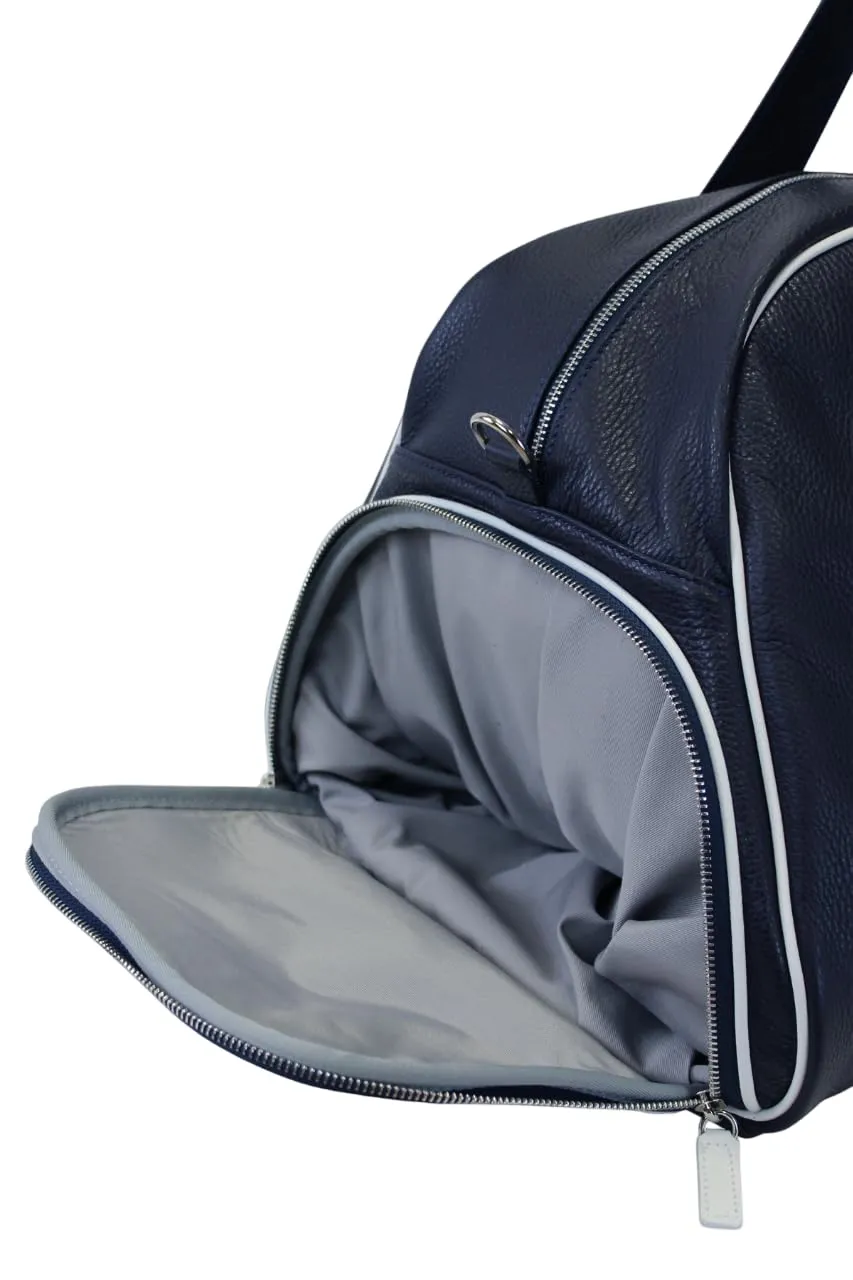Advanced Leather Sports Duffle Equipment Bag with Shoes Compartment | Handmade to Order in Italy | Soft Pebble-Grain Waterproof Leather | Travel Tennis Baseball Sport Bag Elegant Lux (Navy Blue/White)
