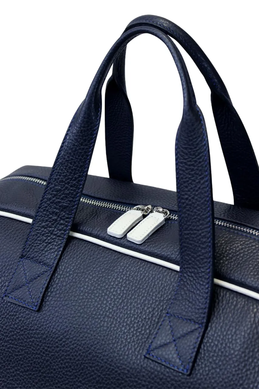 Advanced Leather Sports Duffle Equipment Bag with Shoes Compartment | Handmade to Order in Italy | Soft Pebble-Grain Waterproof Leather | Travel Tennis Baseball Sport Bag Elegant Lux (Navy Blue/White)