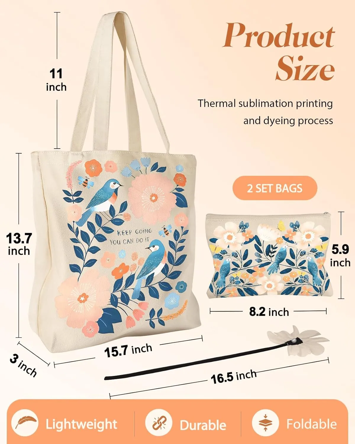 Aesthetic 2 Pack Canvas Tote Bag - with Makeup Pouch Bag for Women Reusable Grocery Bag for Gym, Travel, Work