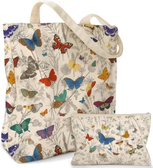 Aesthetic 2 Pack Canvas Tote Bag - with Makeup Pouch Bag for Women Reusable Grocery Bag for Gym, Travel, Work