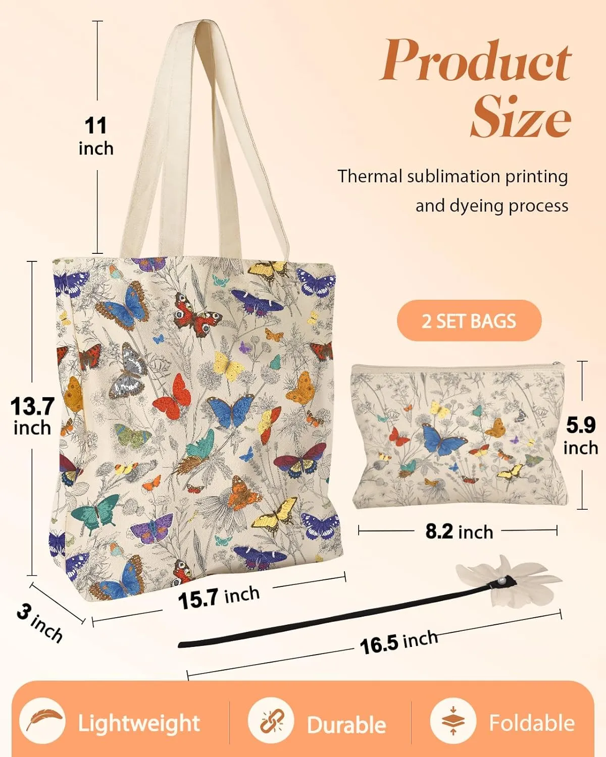 Aesthetic 2 Pack Canvas Tote Bag - with Makeup Pouch Bag for Women Reusable Grocery Bag for Gym, Travel, Work