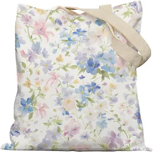 Aesthetic Floral Tote Bag, Cute Wildflower Flower Canvas Tote Bags for Women, Botanical Reusable Grocery Bags