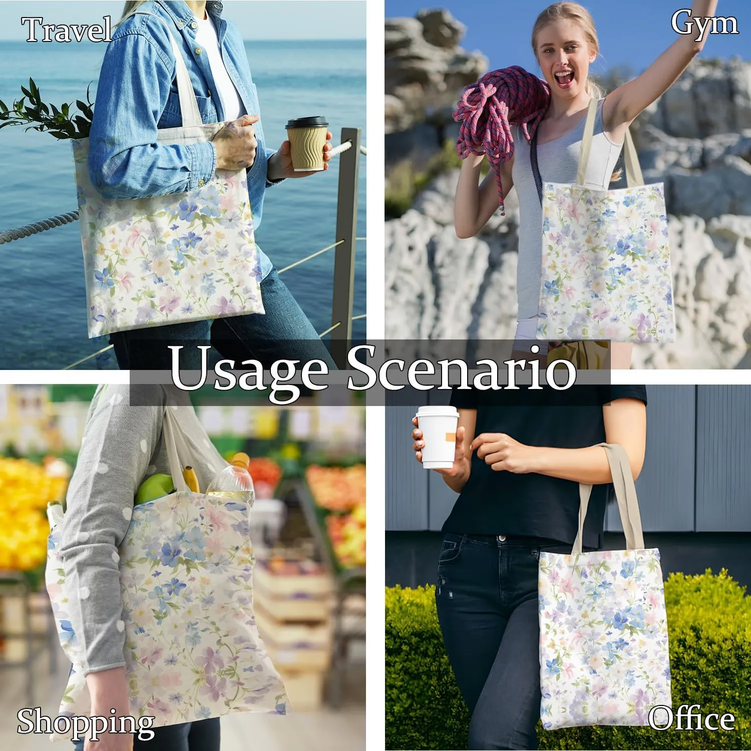 Aesthetic Floral Tote Bag, Cute Wildflower Flower Canvas Tote Bags for Women, Botanical Reusable Grocery Bags