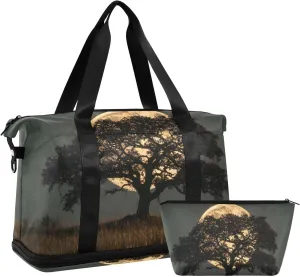 AIXIWAWA African Tree Moon Duffel Bags Set with Shoes Compartment Trolley Sleeve Removeable Strap for Workout Travel Gym