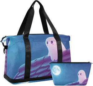 AIXIWAWA Ghost Watch Moon Duffel Bags Set with Shoes Compartment Trolley Sleeve Removeable Strap for Workout Travel Gym