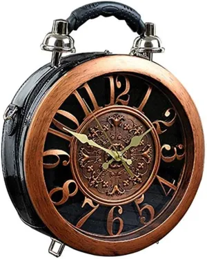 Alarm Clock Handbag Real Working Women Fashion Diagonal Shoulder Bag Leather Vintage Clock Round Box Personalized SteamPunk Style Messenger bag (A)