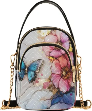 ALAZA Chain Crossbody Bags for Women Marble Flower Butterfly Quilted Shoulder Crossbody Handbags Travel Cross Body Cell Phone Purses Bags