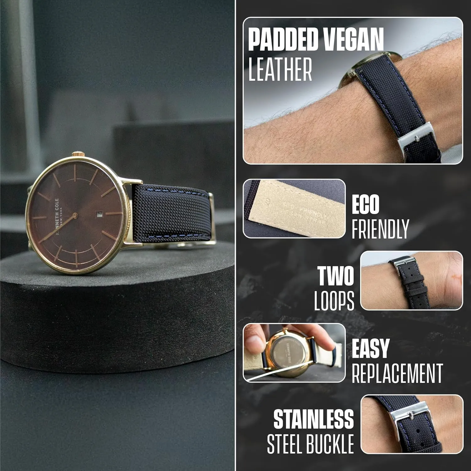 ALPINE Padded Vegan Leatherette Watch Strap - Leather Free Watch Band - Quick-Release Replacement Watch Strap - Eco-Friendly Bands for Women & Men - Compatible with Regular & Smart watches
