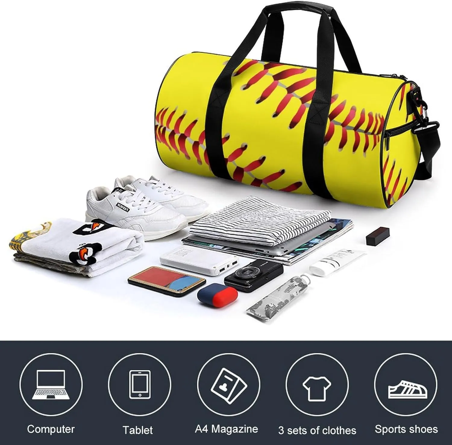 American Red Line Yellow Softball Large Capacity Cylindrical Fitness Bag, Hand-held Fitness Bag
