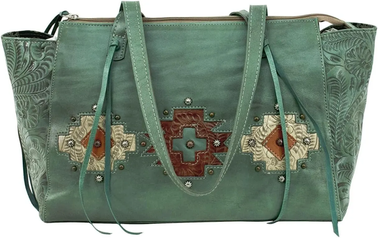 American West Womens Navajo Soul Zip Top Tote with Secret Compartment - 100% Genuine Leather Handbag for Women