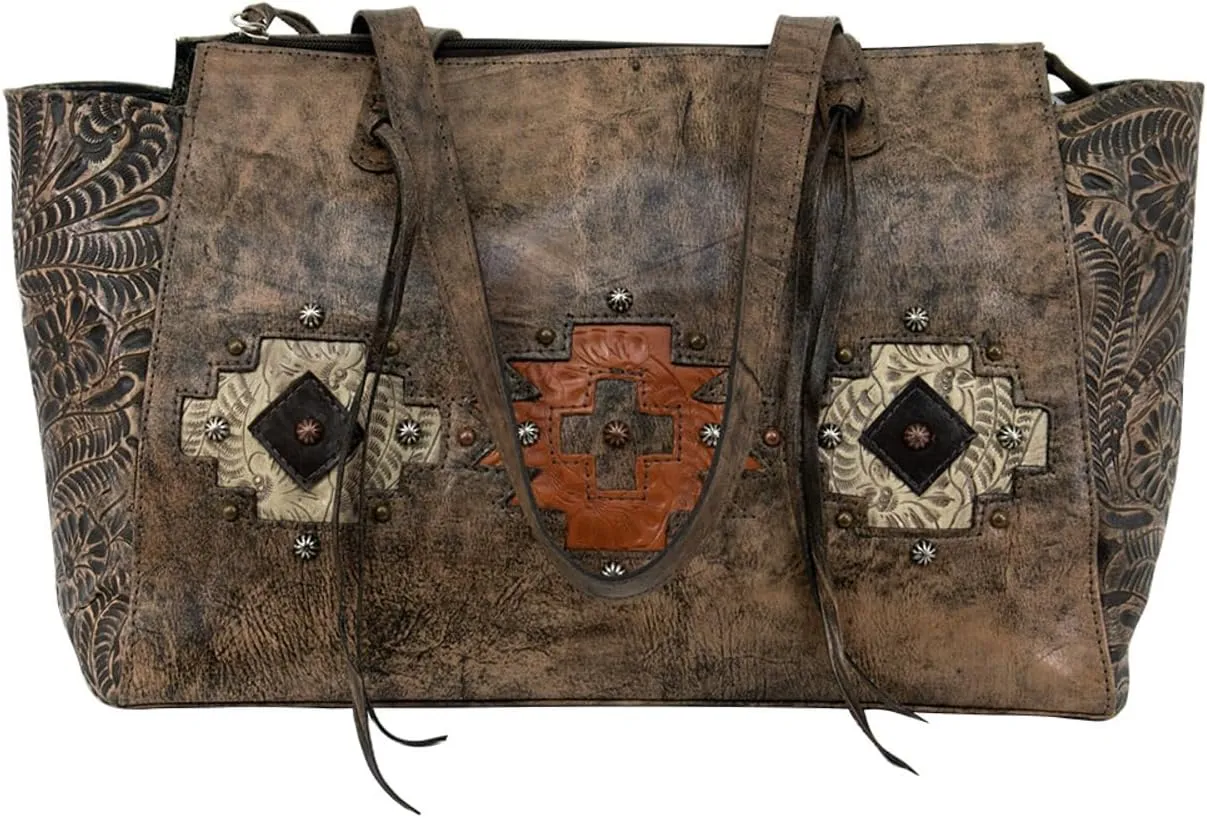 American West Womens Navajo Soul Zip Top Tote with Secret Compartment - 100% Genuine Leather Handbag for Women