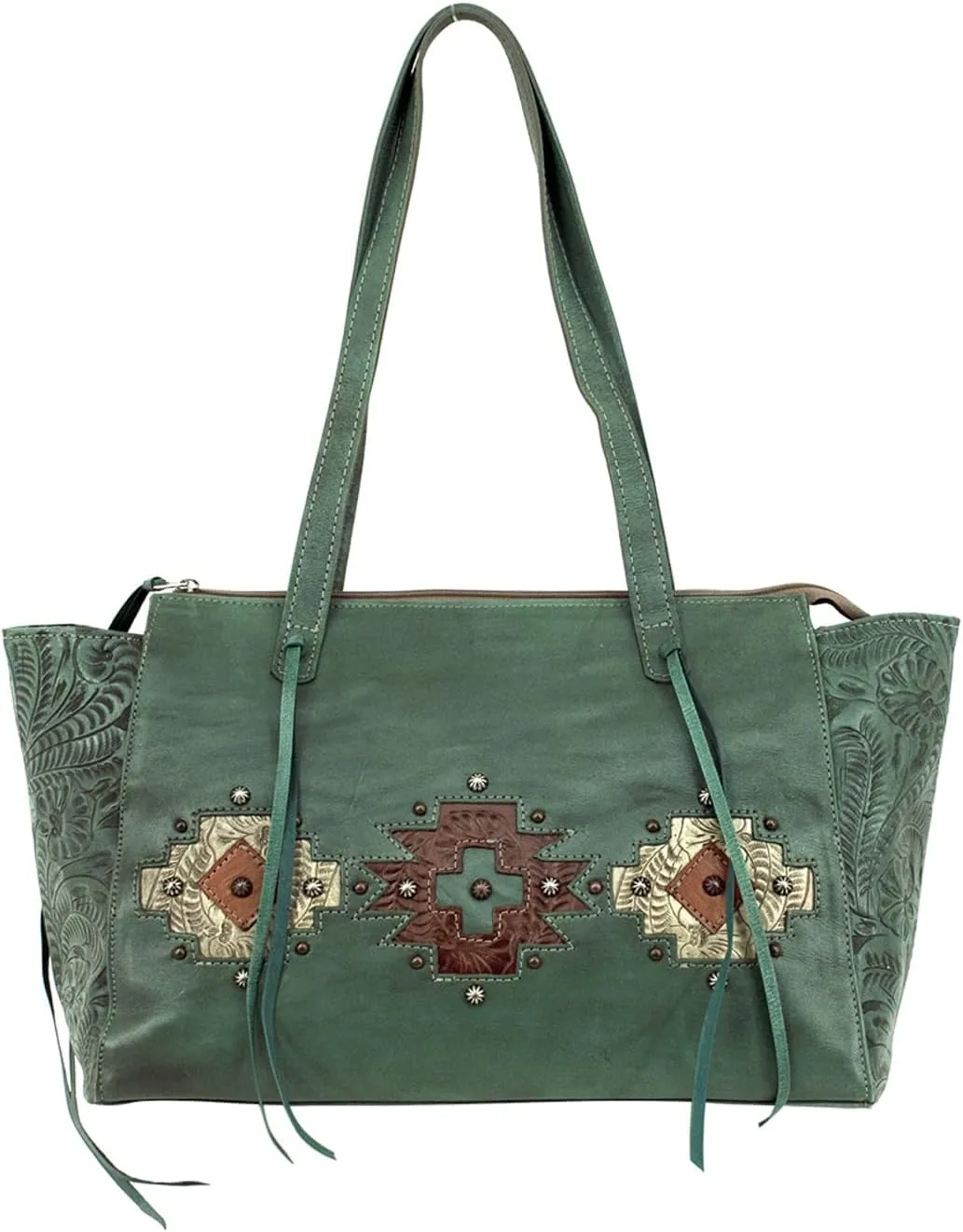 American West Womens Navajo Soul Zip Top Tote with Secret Compartment - 100% Genuine Leather Handbag for Women