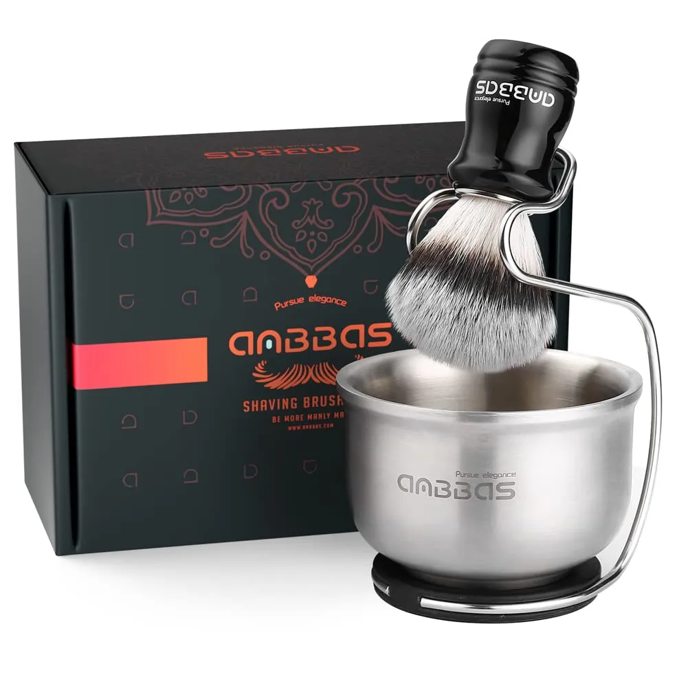 Anbbas Synthetic Badger Hair Shaving Brush,Stainless Steel Shaving Soap Bowl and Higher Brush Holder Stand Set for Men Wet Shave