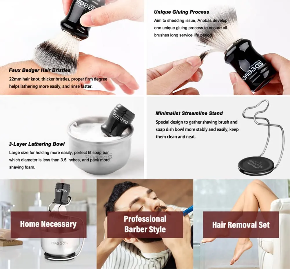 Anbbas Synthetic Badger Hair Shaving Brush,Stainless Steel Shaving Soap Bowl and Higher Brush Holder Stand Set for Men Wet Shave