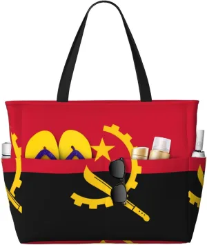 Angola Flag Print 28L Large Beach Tote Bag, 7 Pockets Waterproof Travel Shoulder Bag, Gym Oversized Tote