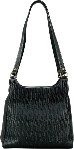 Anna by Anuschka Heritage Collection Women's Genuine Leather Triple Compartment Satchel - Herringbone Embossed Black