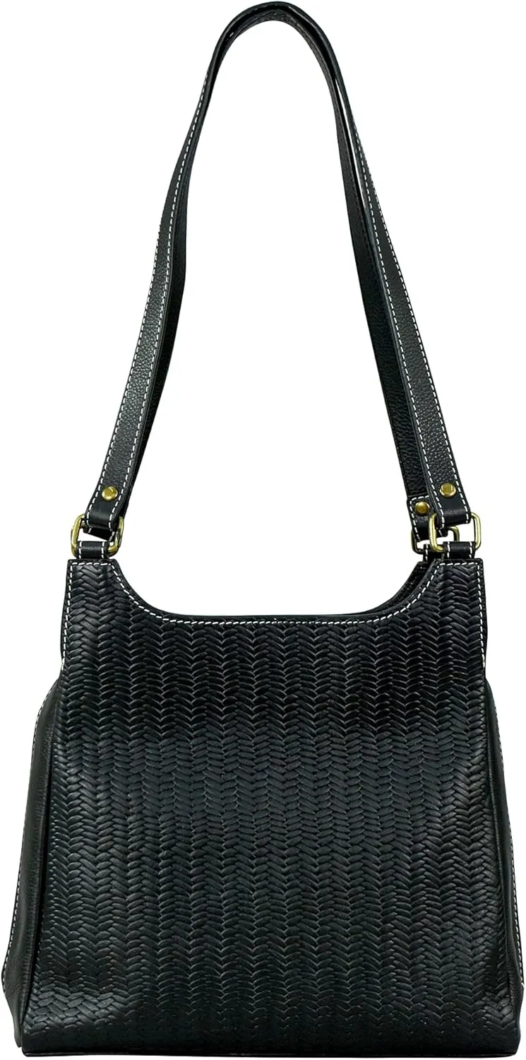Anna by Anuschka Heritage Collection Women's Genuine Leather Triple Compartment Satchel - Herringbone Embossed Black