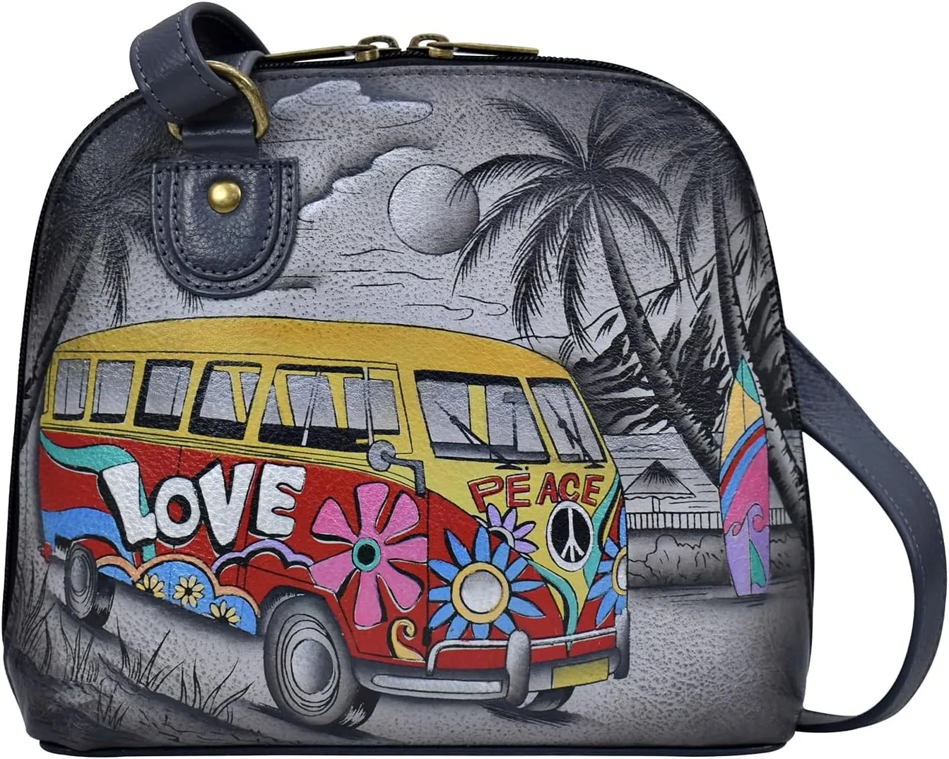 Anna by Anuschka Women's Original Genuine Leather Hand-Painted Small Multi Compartment Zip-Around Organizer - Leather Handbag for Women - Happy Camper