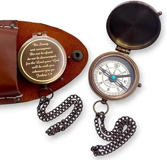 Antique Brass Compass 2 Inch Poem Engraved Pocket Compass with Chain & Leather Case for Hiking Travelling Camping Navigation Tool