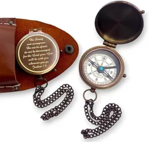 Antique Brass Compass 2 Inch Poem Engraved Pocket Compass with Chain & Leather Case for Hiking Travelling Camping Navigation Tool