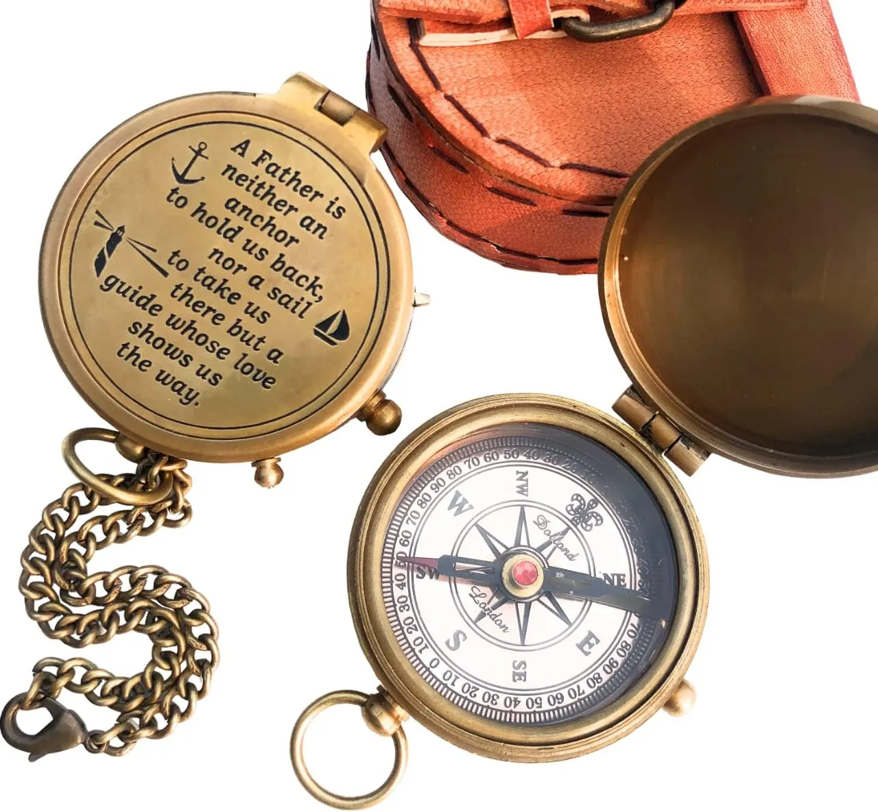 Antique Nautical Vintage Directional Magnetic Compass with Famous Scripture Quote Engraved Brass Compass with Leather Case, Father’s Birthday Gifts, Father’s Compass, Father’s Retirement Gifts