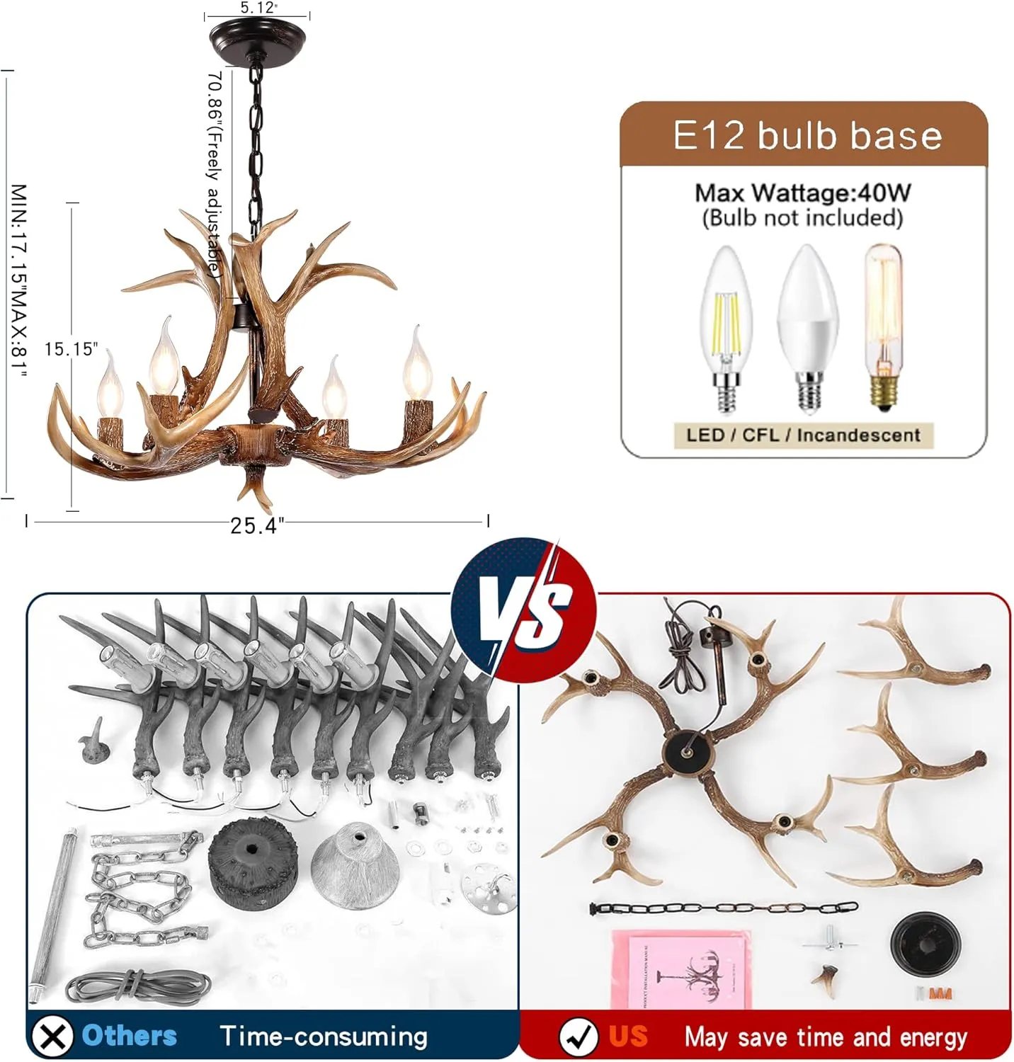 Antler Chandelier Lighting Deer Lamp Vintage Rustic Farmhouse Chandelier Light Fixture for Dining Room Kitchen Island Bedroom Entryway Foyer(4 Lights, Brown)
