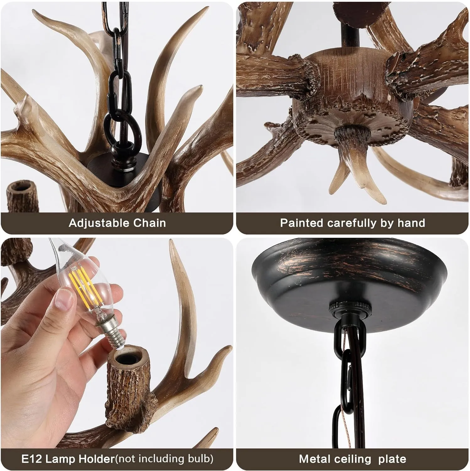 Antler Chandelier Lighting Deer Lamp Vintage Rustic Farmhouse Chandelier Light Fixture for Dining Room Kitchen Island Bedroom Entryway Foyer(4 Lights, Brown)