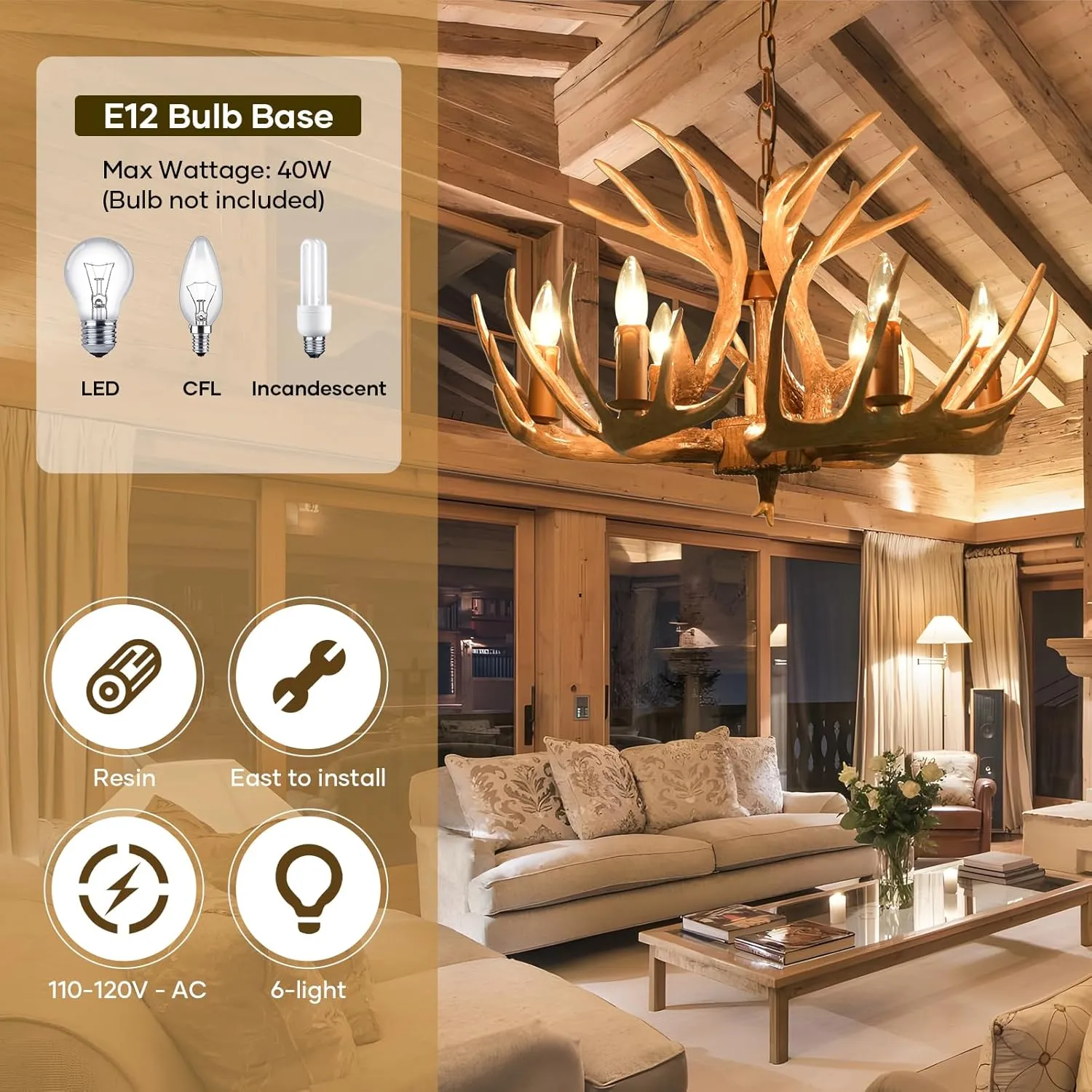 Antler Chandeliers 6 Light, Rustic Antlers Chandelier Lighting Deer Antler Chandelier Small, American Farmhouse Ceiling Light Fixture for Dining Room Foyer Porch Store Church Wedding Gift