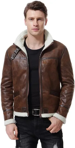 AOWOFS Men's Faux Leather Jacket Brown Motorcycle Bomber Shearling Suede Stand Collar