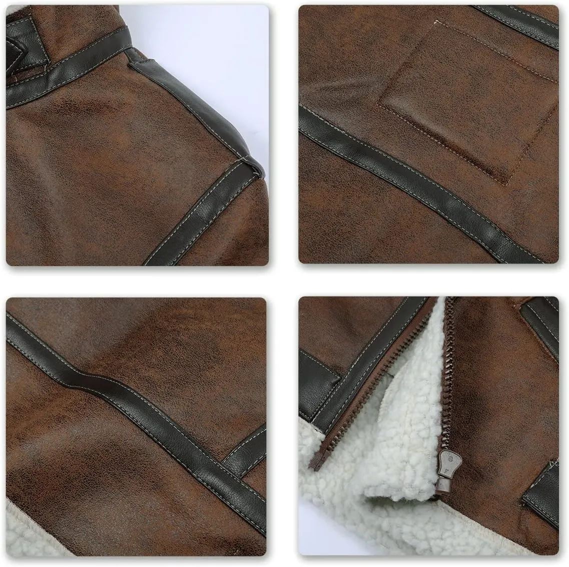AOWOFS Men's Faux Leather Jacket Brown Motorcycle Bomber Shearling Suede Stand Collar