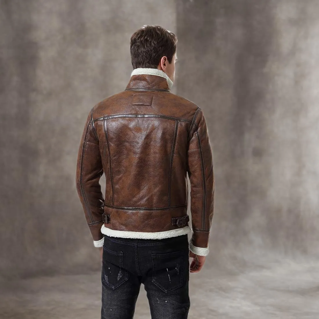 AOWOFS Men's Faux Leather Jacket Brown Motorcycle Bomber Shearling Suede Stand Collar