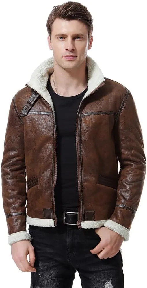 AOWOFS Men's Faux Leather Jacket Brown Motorcycle Bomber Shearling Suede Stand Collar