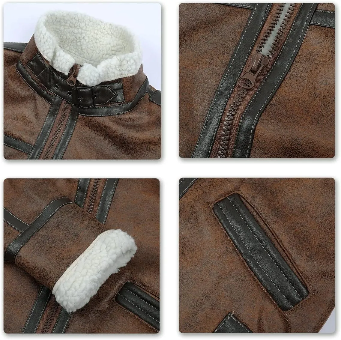 AOWOFS Men's Faux Leather Jacket Brown Motorcycle Bomber Shearling Suede Stand Collar