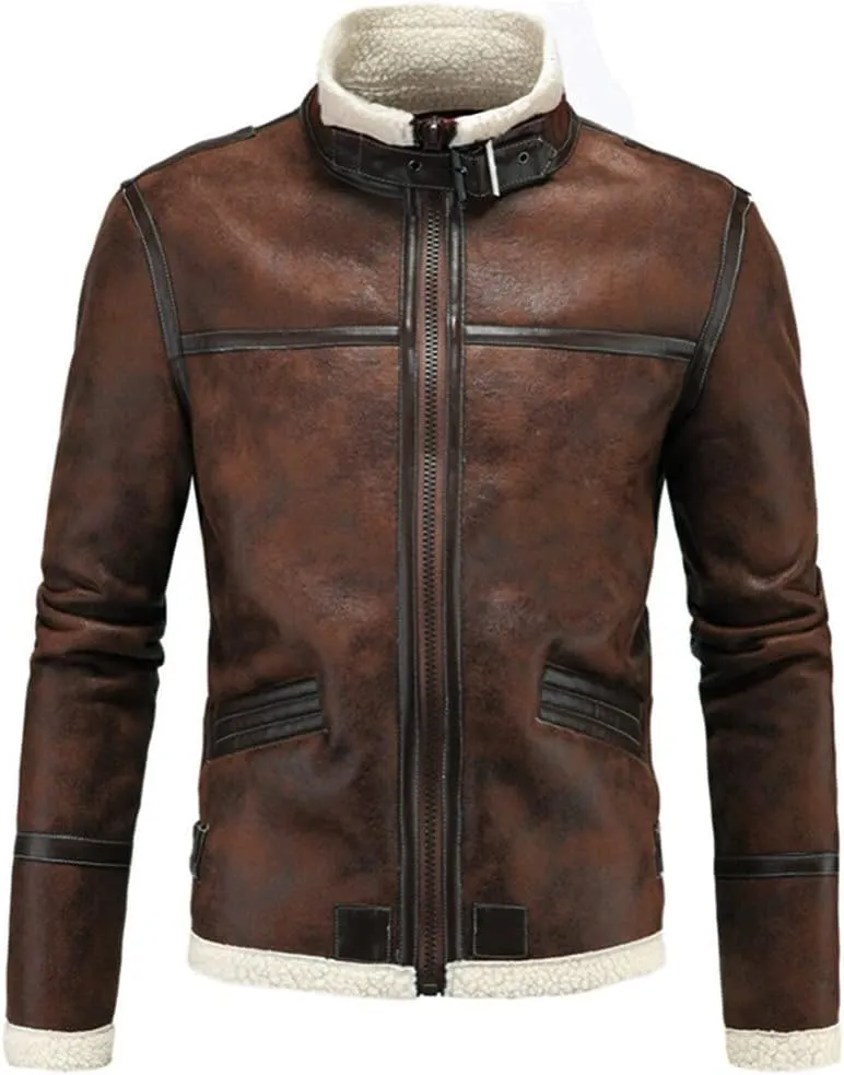 AOWOFS Men's Faux Leather Jacket Brown Motorcycle Bomber Shearling Suede Stand Collar