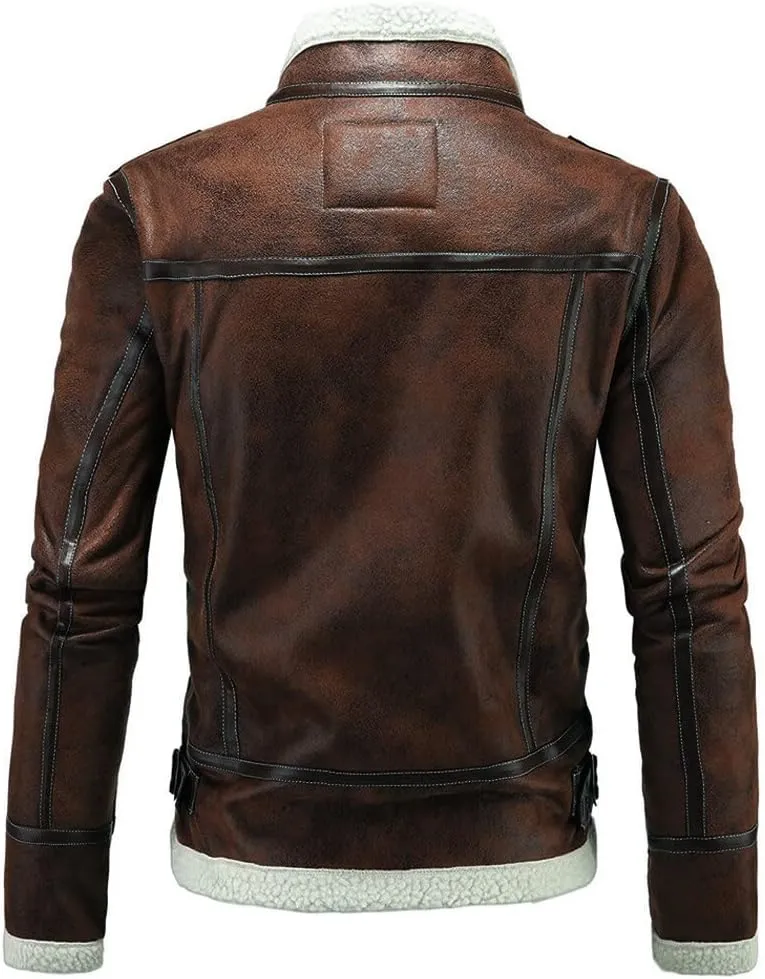 AOWOFS Men's Faux Leather Jacket Brown Motorcycle Bomber Shearling Suede Stand Collar