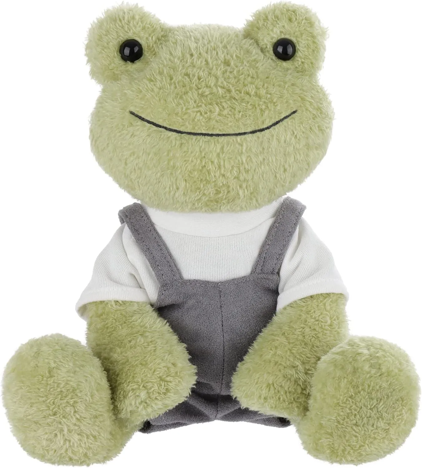 Apricot Lamb Toys Plush Velvet Green Frog with Clothes Stuffed Animal Soft Cuddly Perfect for Child 8.5 Inches (White T-Shirt & Gray Overalls)