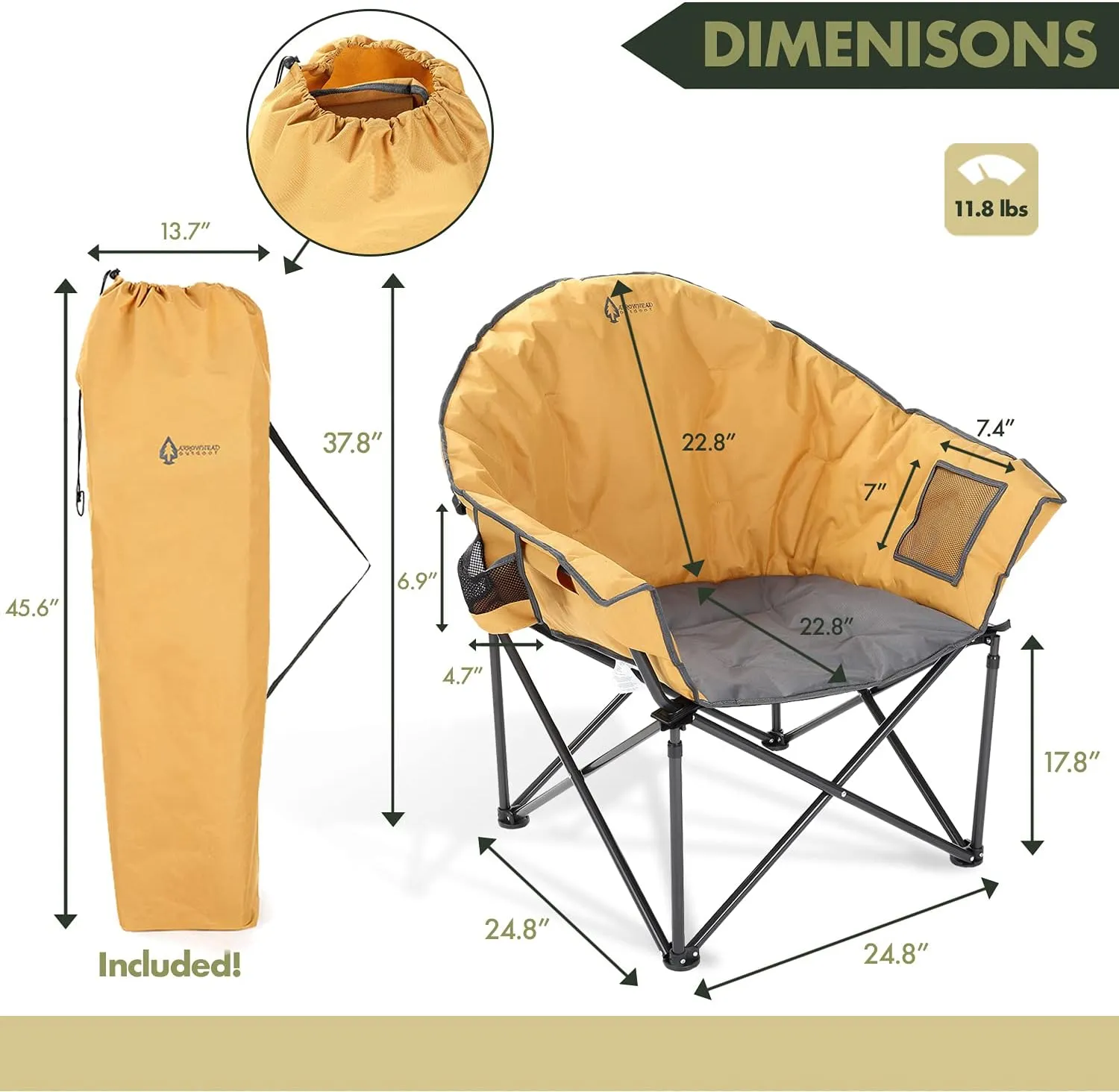 ARROWHEAD OUTDOOR Oversized Heavy-Duty Club Folding Camping Chair w/External Pocket, Cup Holder, Portable, Padded, Moon, Round, Saucer, Supports 330lbs, Carrying Bag, USA-Based Support