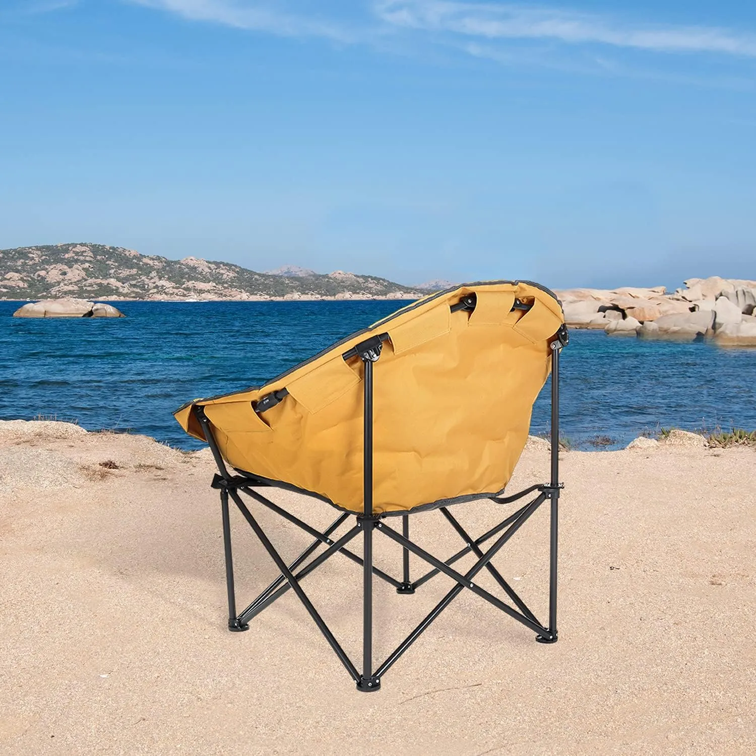 ARROWHEAD OUTDOOR Oversized Heavy-Duty Club Folding Camping Chair w/External Pocket, Cup Holder, Portable, Padded, Moon, Round, Saucer, Supports 330lbs, Carrying Bag, USA-Based Support