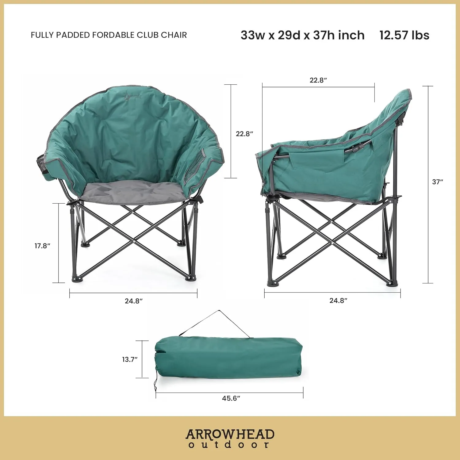 ARROWHEAD OUTDOOR Oversized Heavy-Duty Club Folding Camping Chair w/External Pocket, Cup Holder, Portable, Padded, Moon, Round, Saucer, Supports 330lbs, Carrying Bag, USA-Based Support