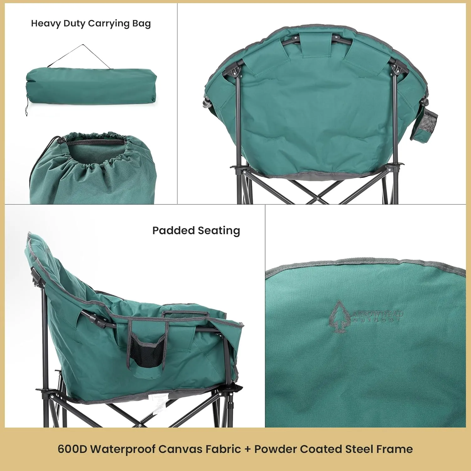ARROWHEAD OUTDOOR Oversized Heavy-Duty Club Folding Camping Chair w/External Pocket, Cup Holder, Portable, Padded, Moon, Round, Saucer, Supports 330lbs, Carrying Bag, USA-Based Support